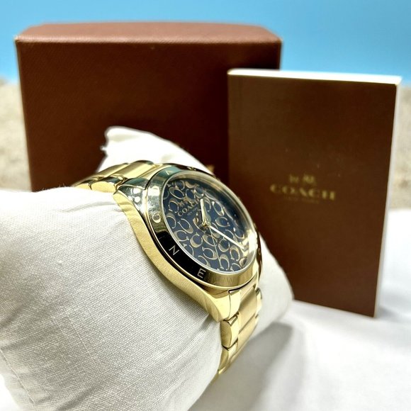 COACH Tristen 14502348 Gold-Tone Wristwatch C Signature Dark Blue Dial S.Steel - Picture 2 of 7